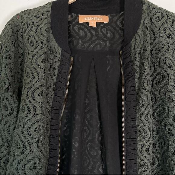 ELLEN TRACY ~ Khaki Green Lace over Black Zipper-Front Jacket ~ Size S - Picture 6 of 9